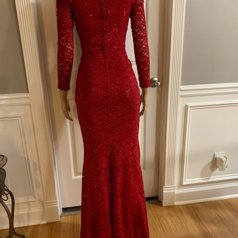 Women junior red lace sequins shoulder off long sleeve maxi dress size (S) - Picture 9 of 10